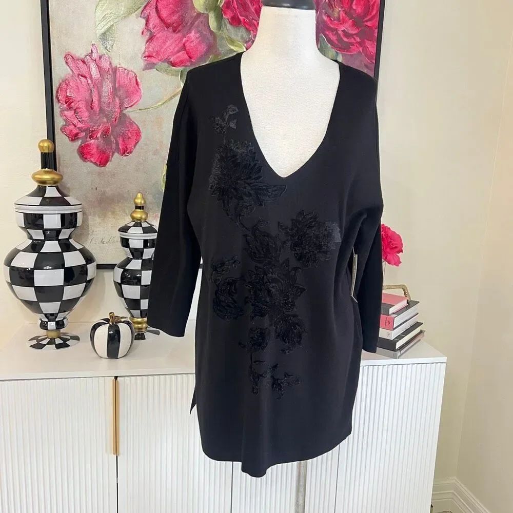 Chico's Womens Velvet Applique Flutter Pullover Tunic Sweater Black 1 Medium NWT